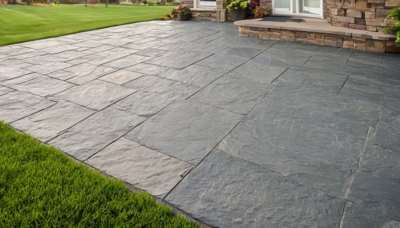 Finished stamped concrete patio with a slate pattern behind a home near Jordan